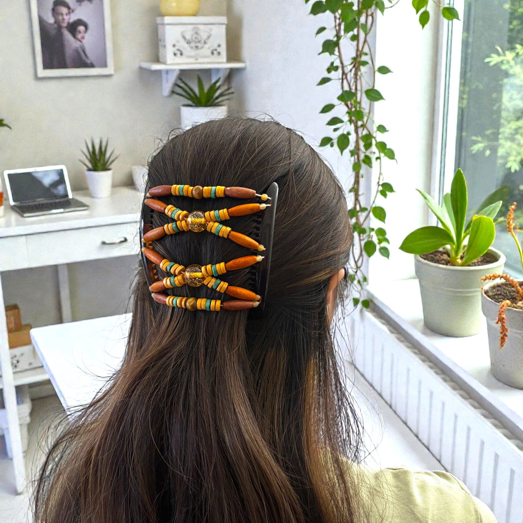 Peigne double cheveux - accessoire chignon en perles de bois