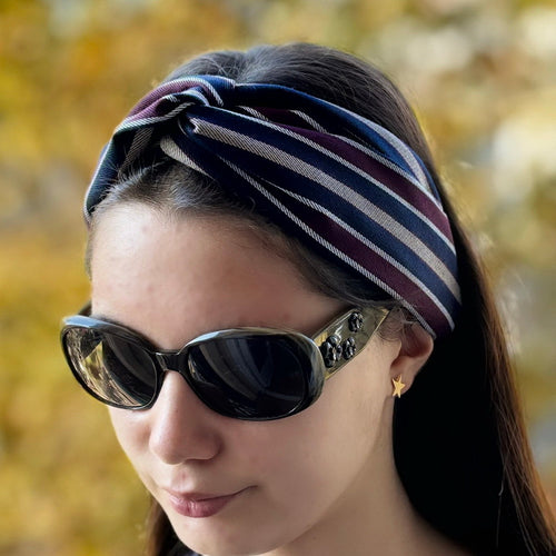 Bandeau cheveux croisé motif rayures bleu