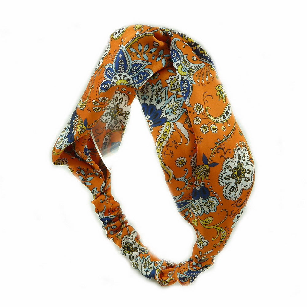 Bandeau cheveux croisé satin fleuri orange