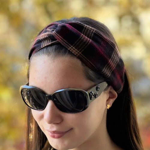 Bandeau cheveux croisé tartan bordeaux