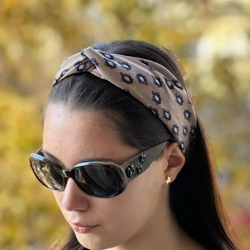 Bandeau cheveux croisé motif losange beige
