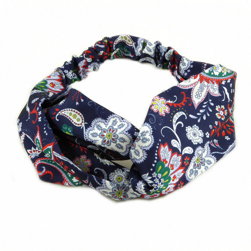 Bandeau cheveux croisé satin fleuri bleu