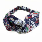 Bandeau cheveux croisé satin fleuri bleu