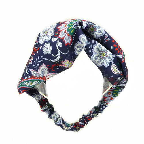 Bandeau cheveux croisé satin fleuri marine