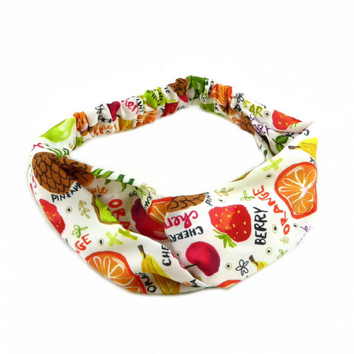 Bandeau cheveux croisé, tissu imprimé tutti frutti