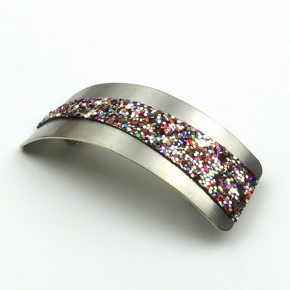 Barrette cheveux métal argenté incurvé avec paillette multicolore, accessoire cheveux tendance