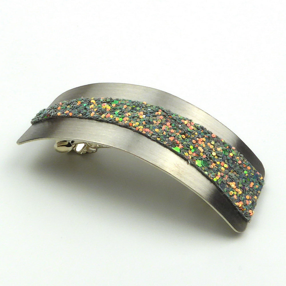 Barrette cheveux métal argenté incurvé avec paillette gris vert, accessoire cheveux tendance