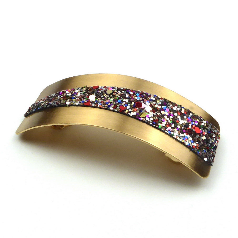 Barrette à cheveux incurvée métal doré et paillettes multicolores