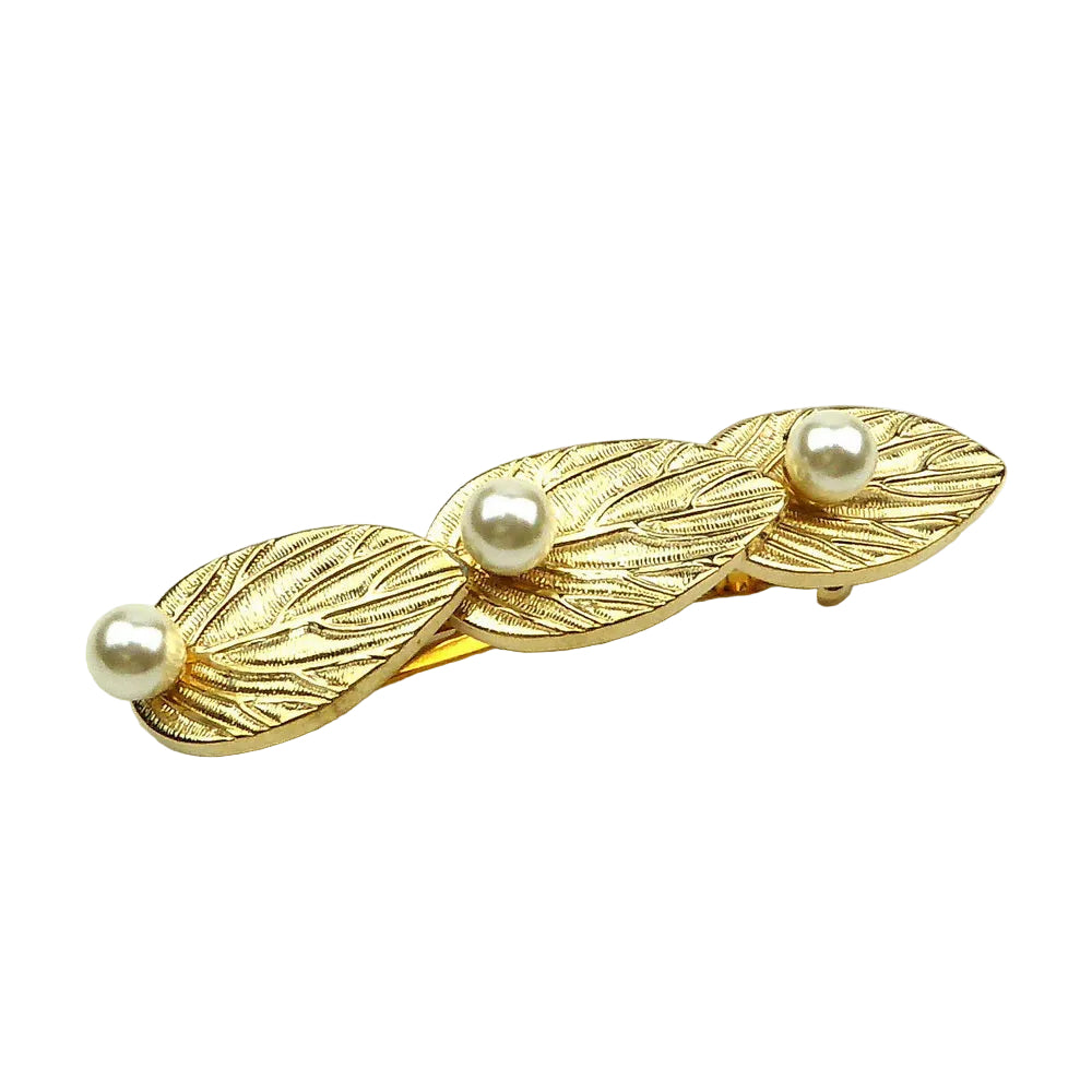Barrette à cheveux 3 feuilles et perles, doré