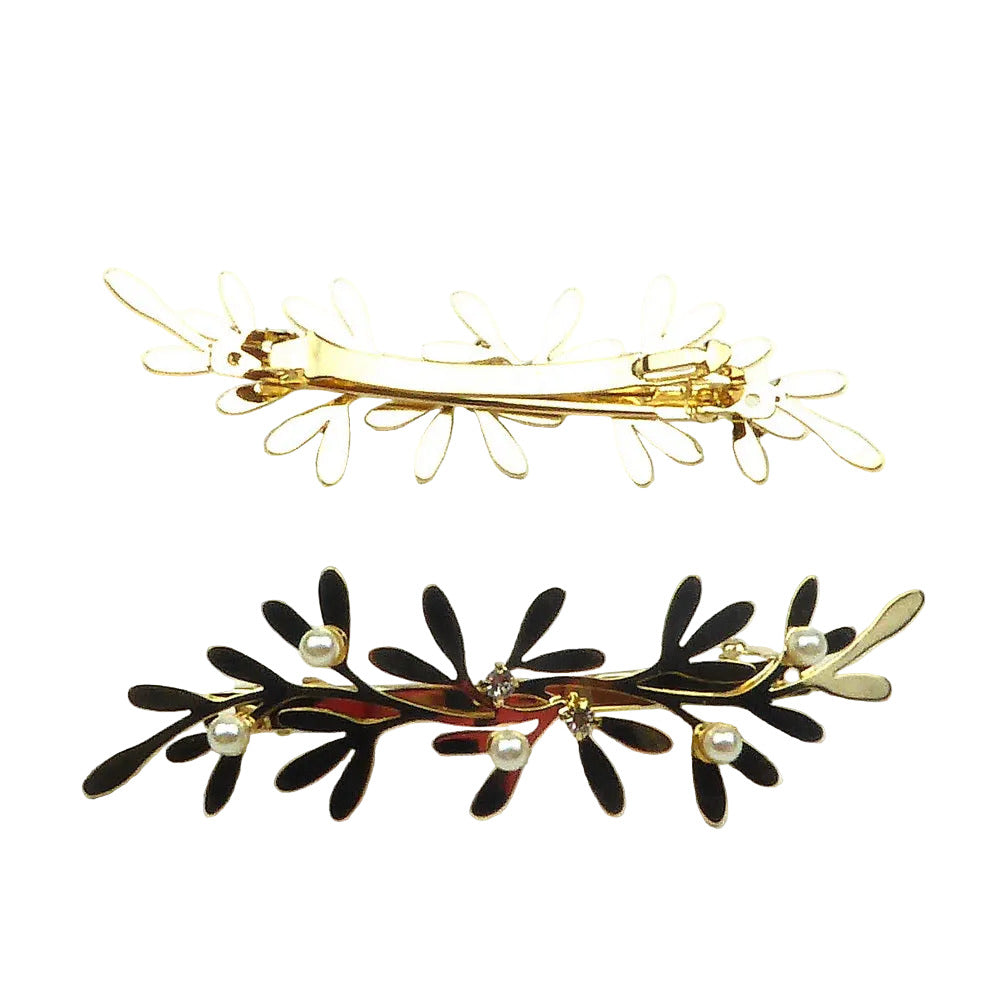 Barrette cheveux feuilles d'olivier, perles et strass, or