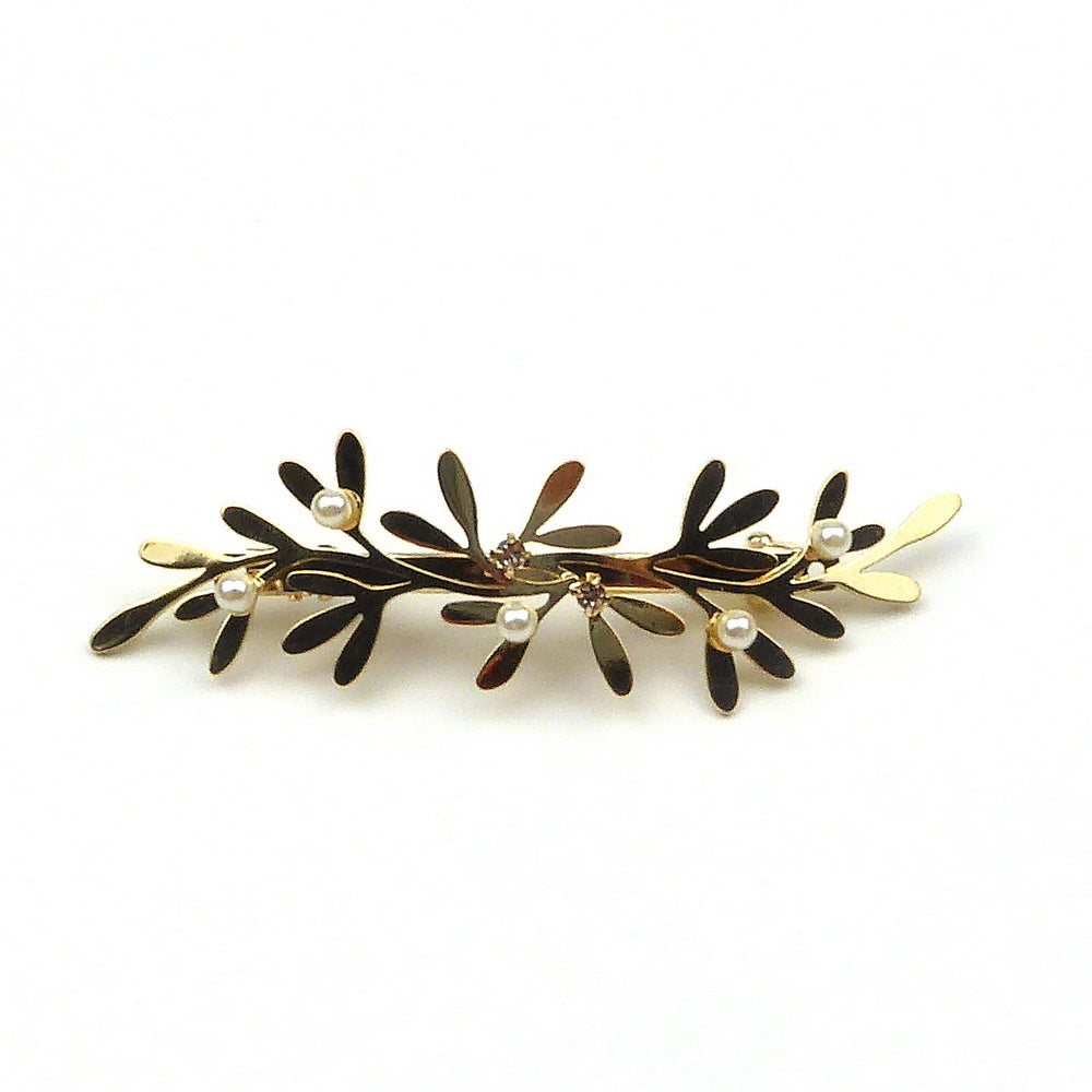 Barrette cheveux feuilles d'olivier, perles et strass - doré