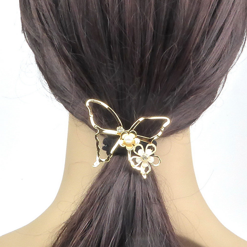 Barrette attache cheveux décorative papillon, perle et strass