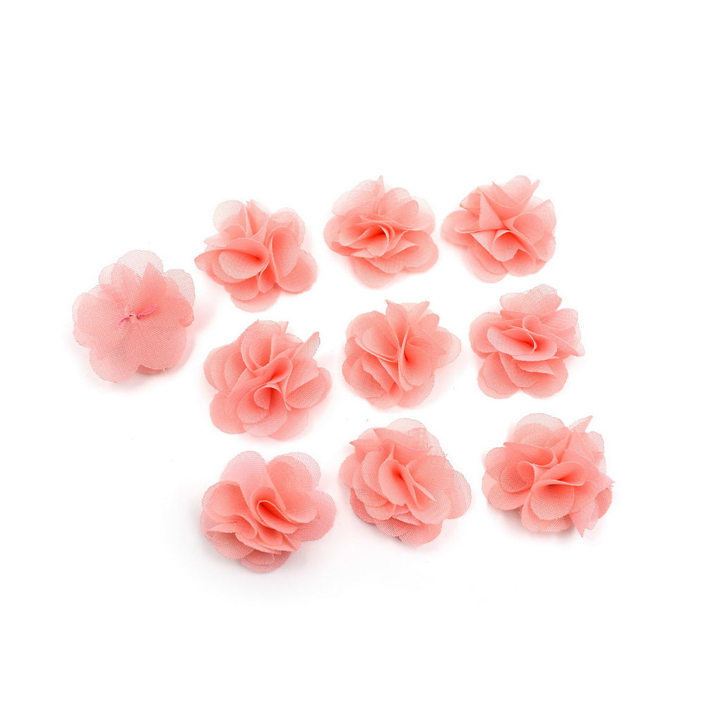 Lot de 10 petites fleurs en tissu voile 3cm cousues à la main - rose/saumon