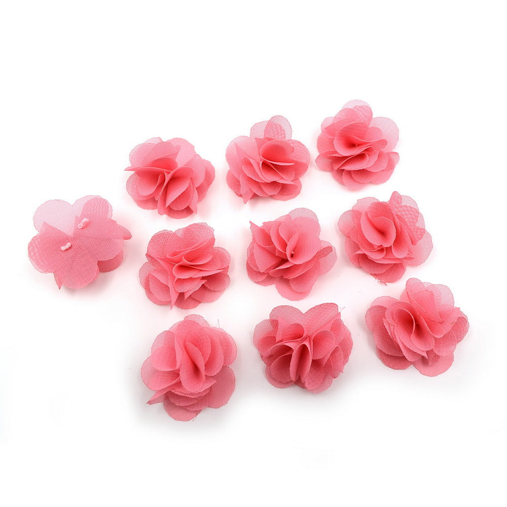 Lot de 10 petites fleurs en tissu voile 3cm cousues à la main - rose foncé