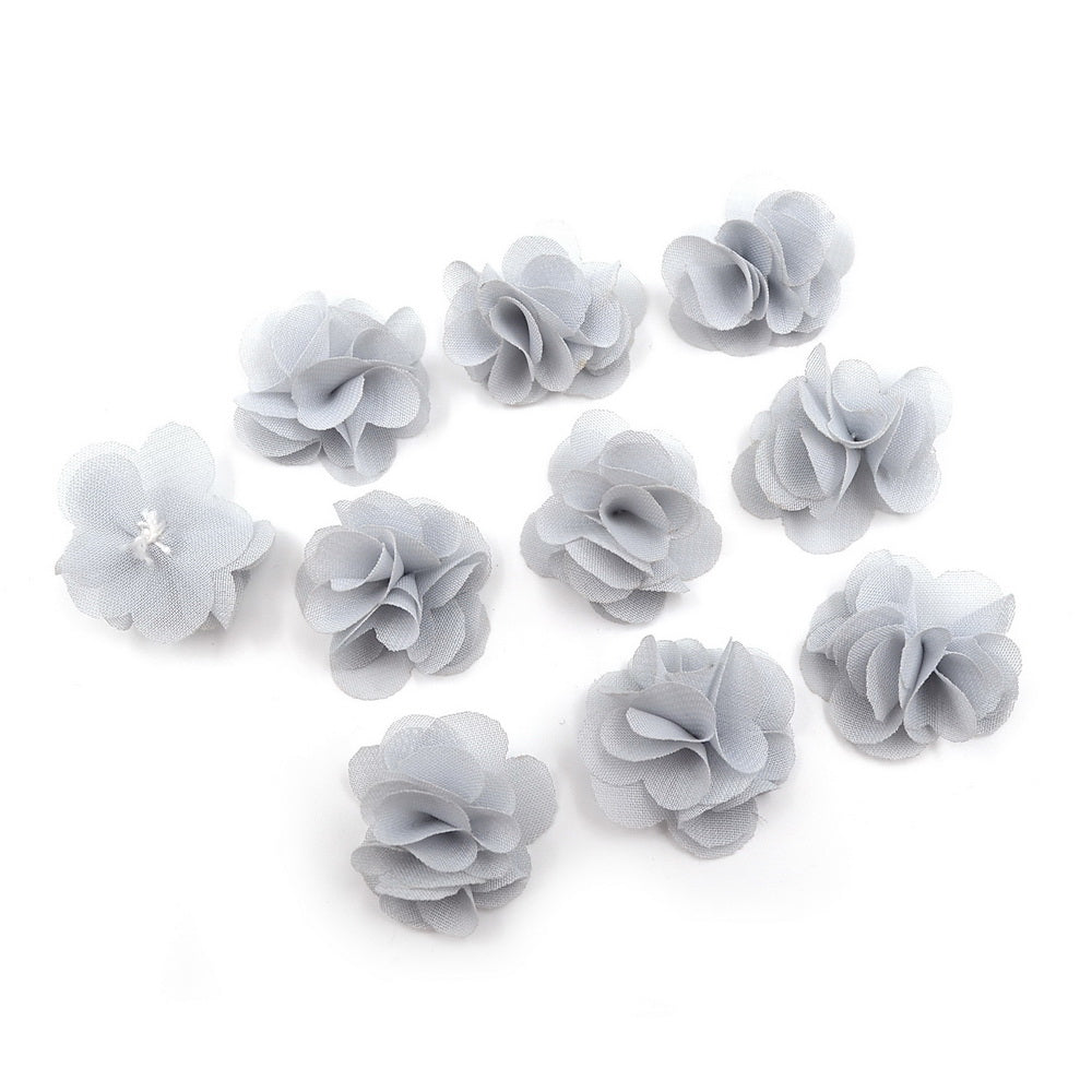 Lot de 10 petites fleurs en tissu voile 30mm cousues à la main  gris clair ShuShu