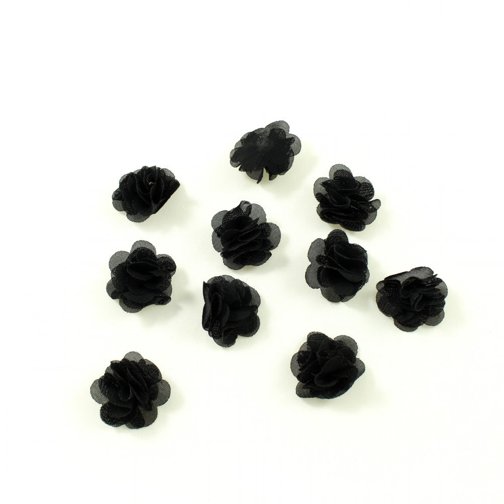 Lot de 10 petites fleurs en tissu voile 3cm cousues à la main - noir