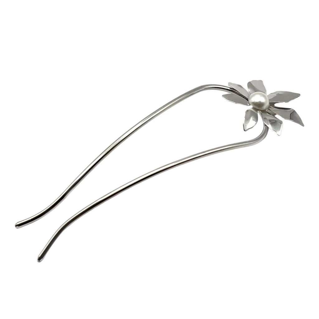 Grand pic à cheveux 14cm fleur et perle argent
