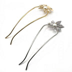 Grand pic à cheveux 14cm fleur et perle doré argenté