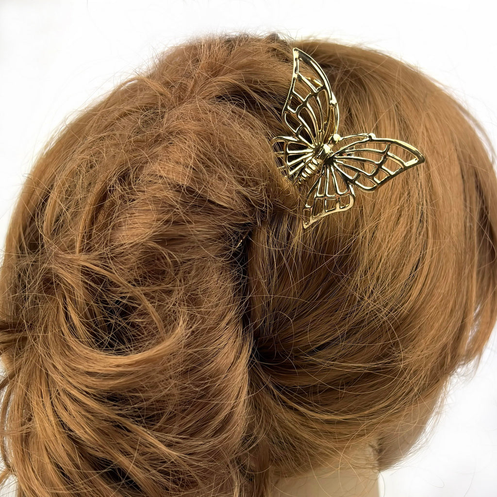 Grand pic à cheveux papillon 12 cm, doré, cheveux épais