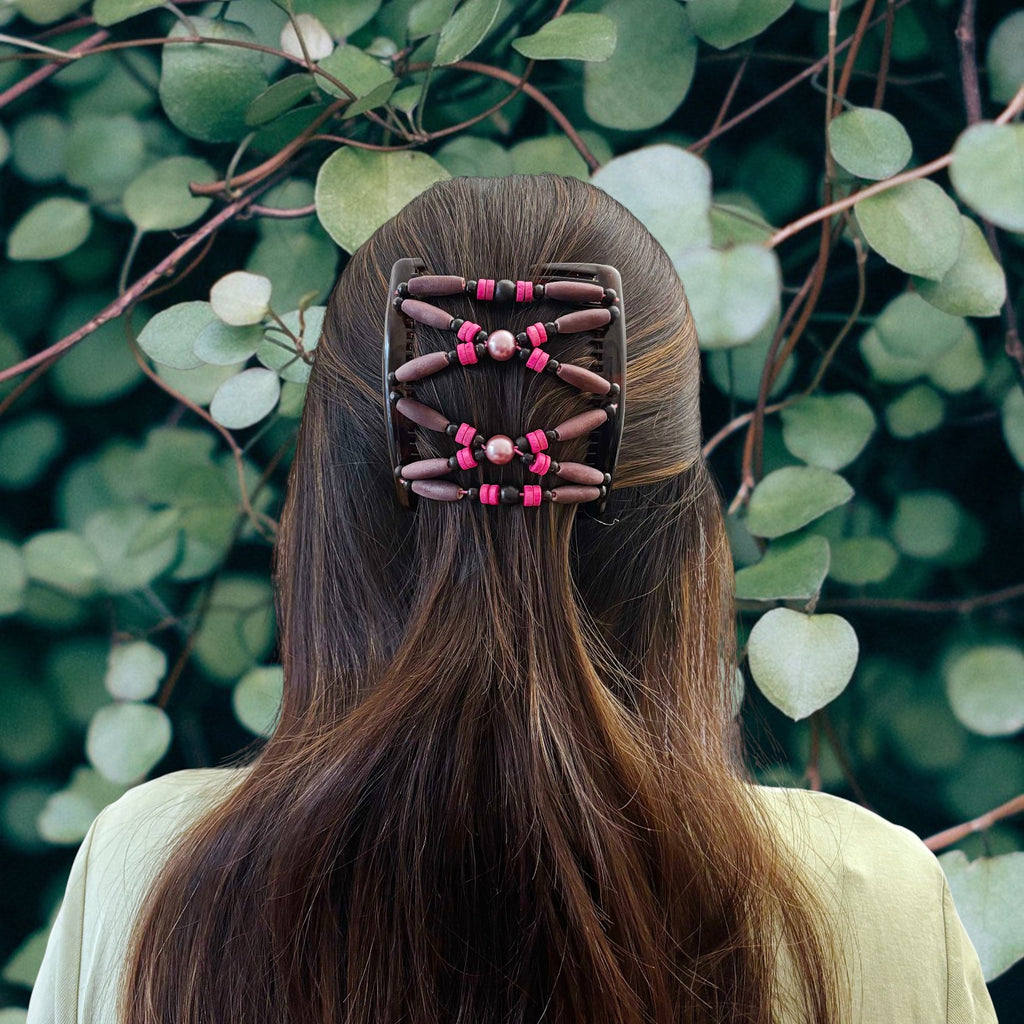 Peigne double cheveux - accessoire chignon en perles de bois rose