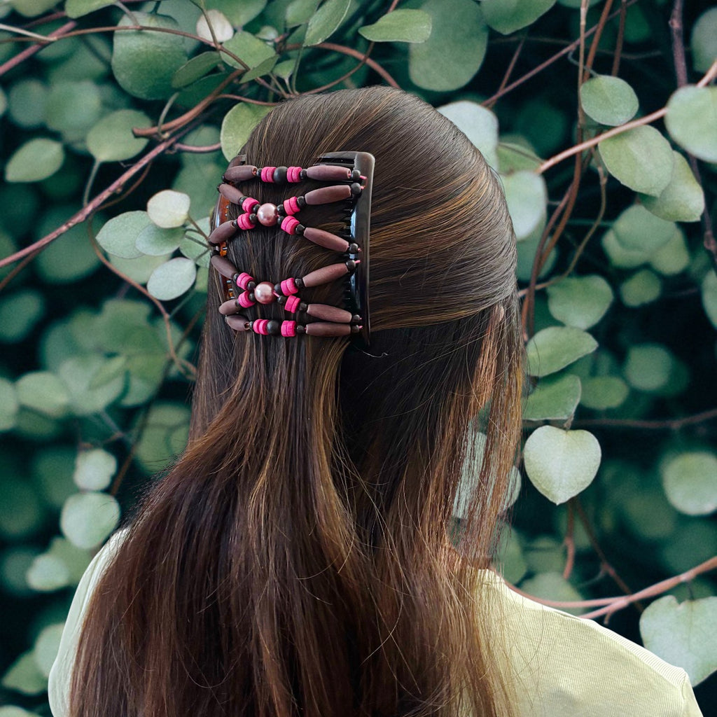 Peigne double cheveux - accessoire chignon en perles de bois rose