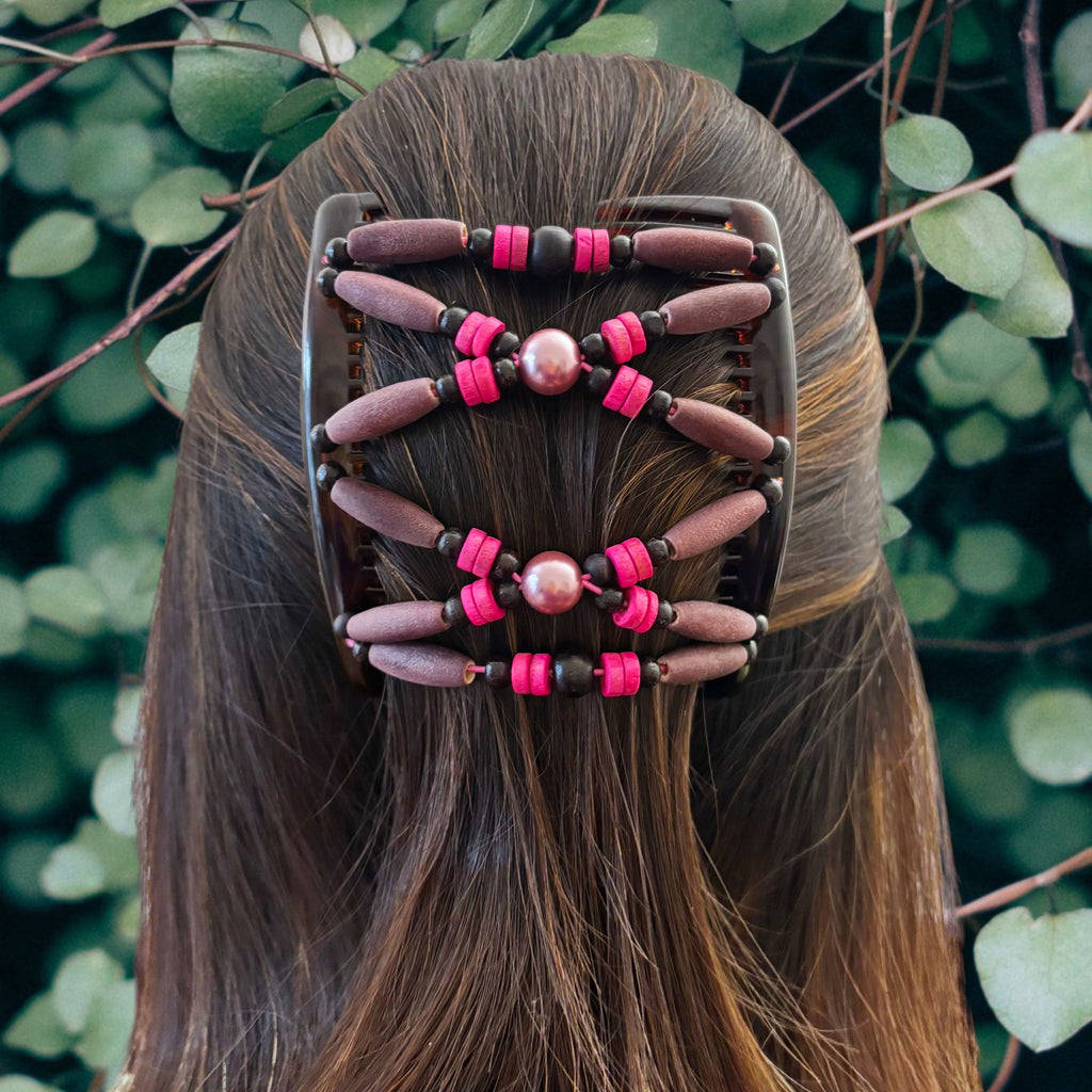 Peigne double cheveux - accessoire chignon en perles de bois made in France