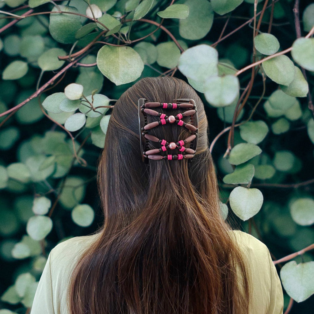 Peigne double cheveux - accessoire chignon en perles de bois rose