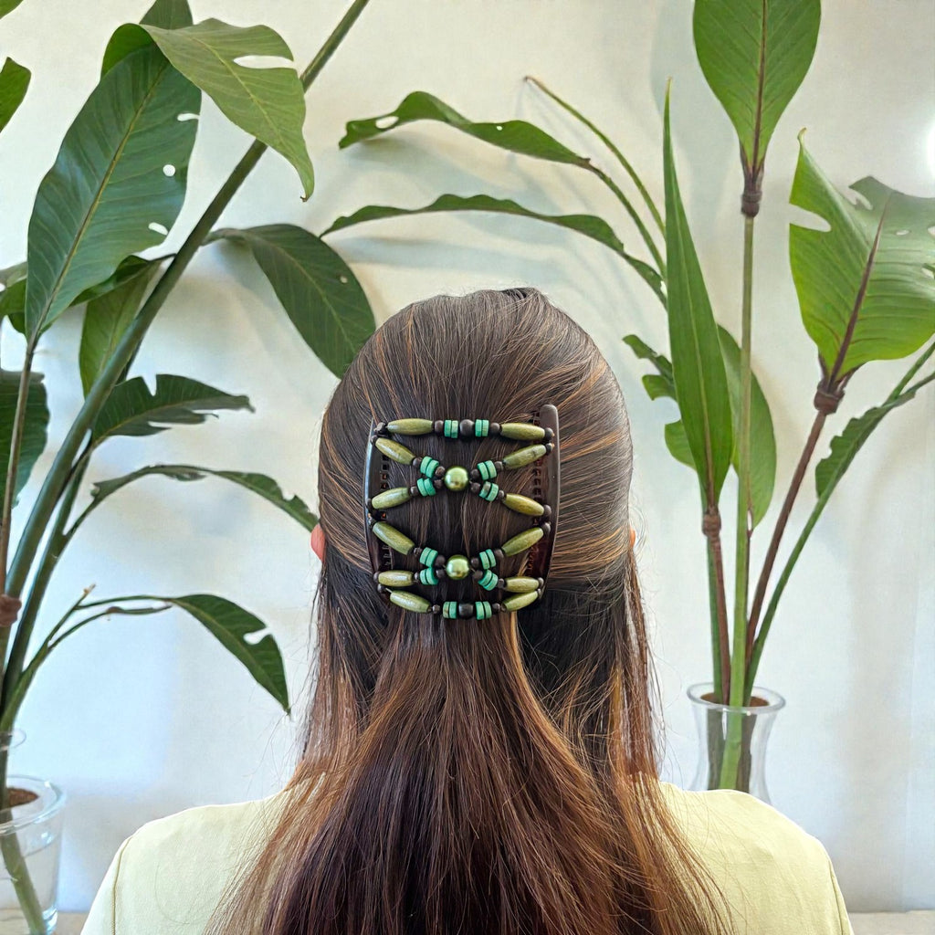 Peigne double cheveux - accessoire chignon en perles de bois vert