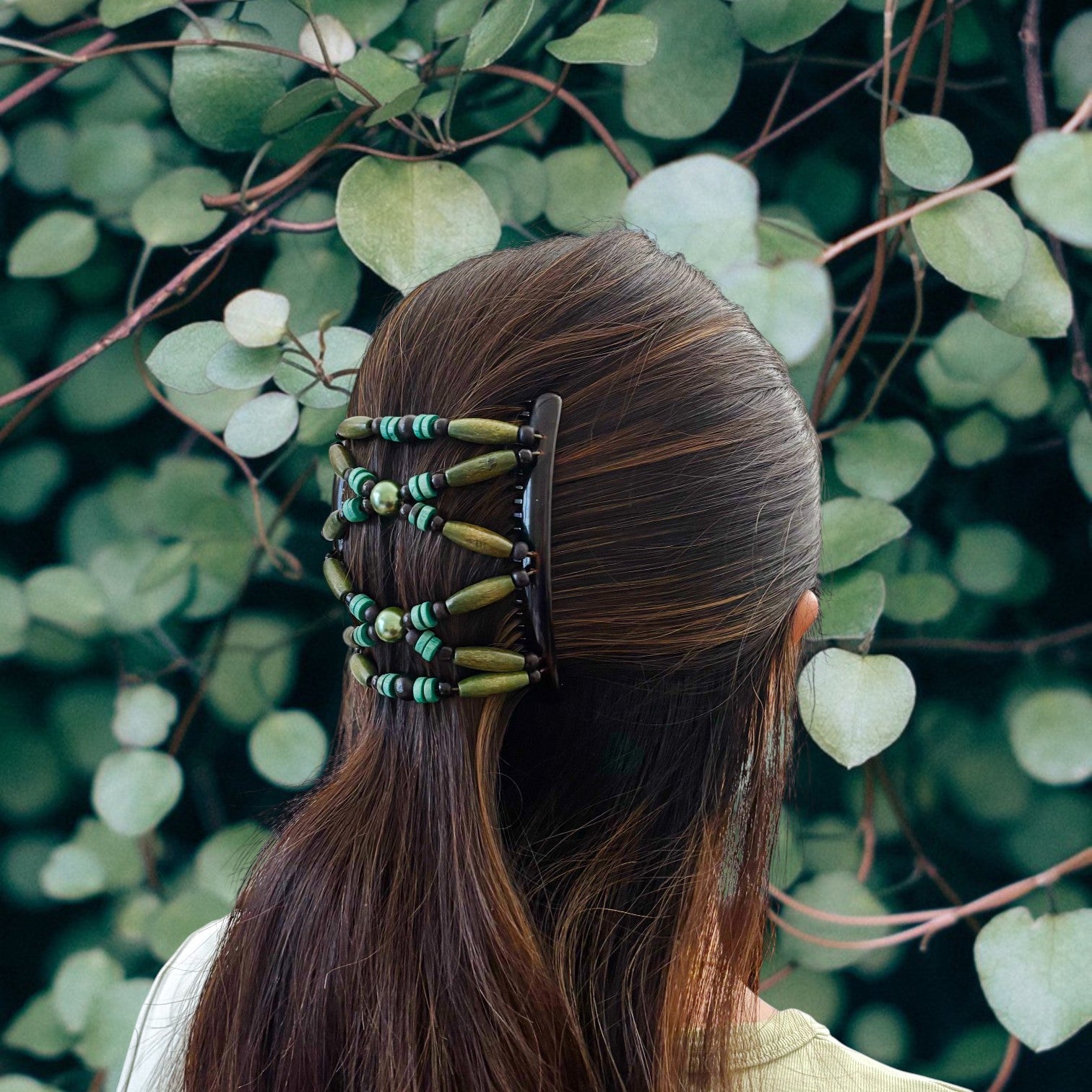 Peigne double cheveux - accessoire chignon en perles de bois vert