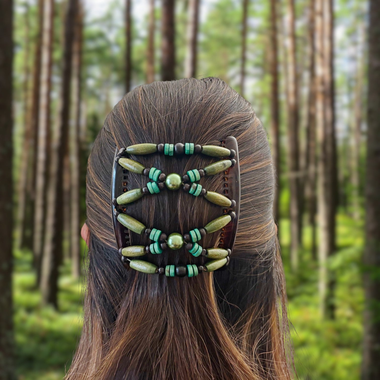 Peigne double cheveux - accessoire chignon en perles de bois vert