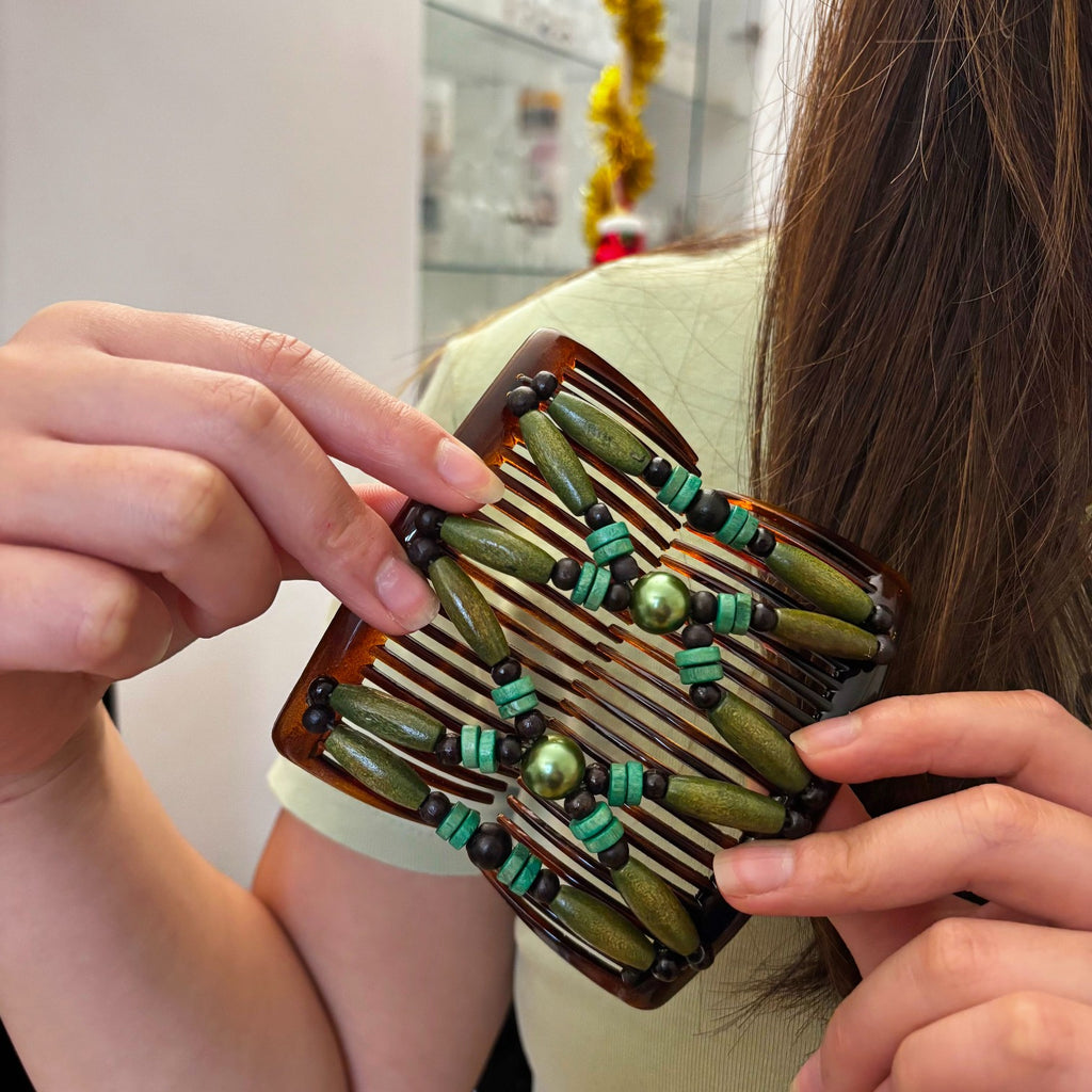 Peigne double cheveux - accessoire chignon en perles de bois vert
