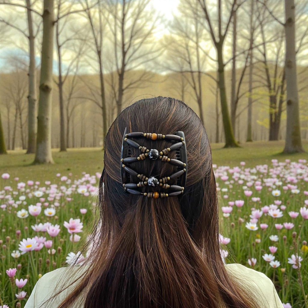 Peigne double cheveux - accessoire chignon en perles de bois noir