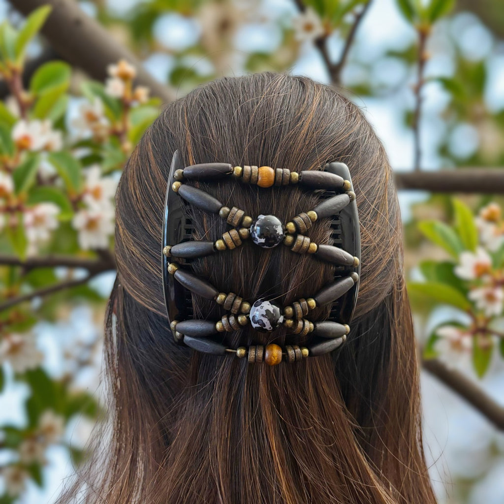Peigne double cheveux - accessoire chignon en perles de bois noir