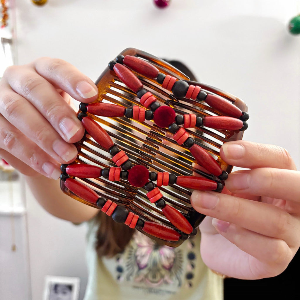 Peigne double cheveux - accessoire chignon en perles de bois rouge