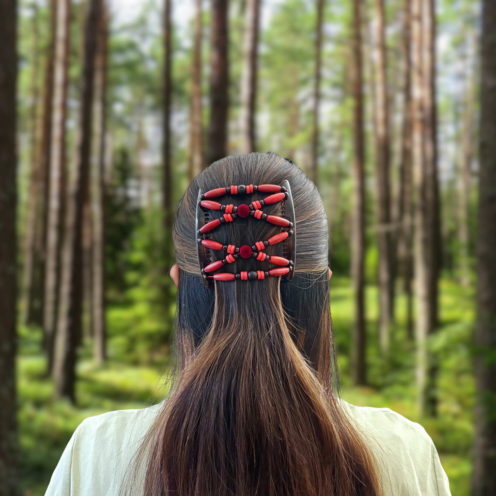 Peigne double cheveux - accessoire chignon en perles de bois rouge