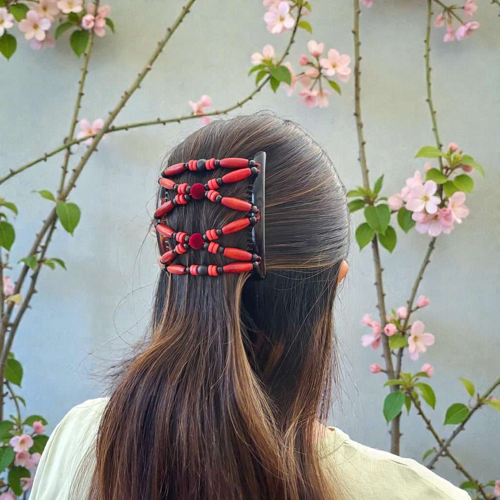 Peigne double cheveux - accessoire chignon en perles de bois rouge