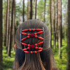 Peigne double cheveux - accessoire chignon en perles de bois rouge