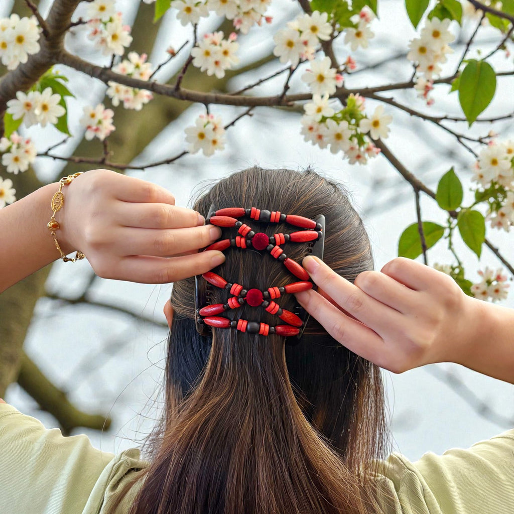 Peigne double cheveux - accessoire chignon en perles de bois rouge