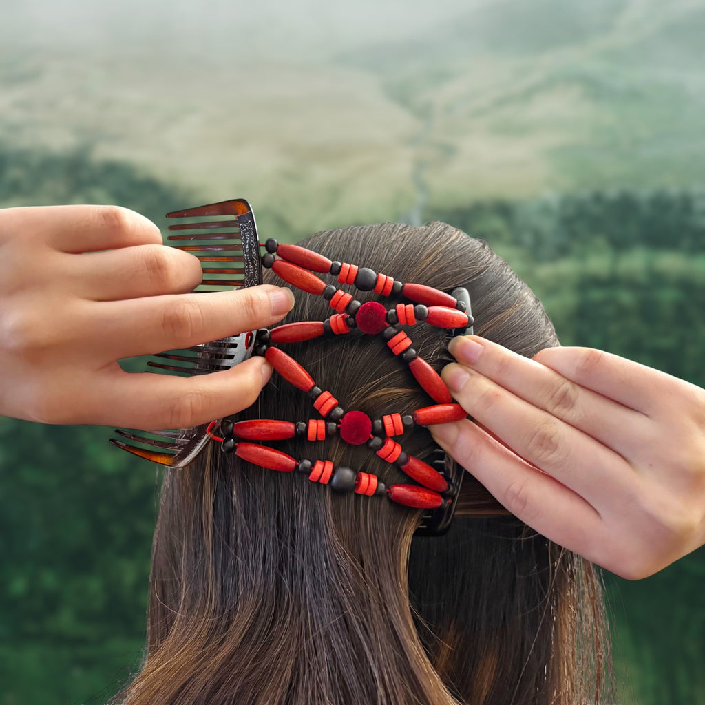 Peigne double cheveux - accessoire chignon en perles de bois rouge