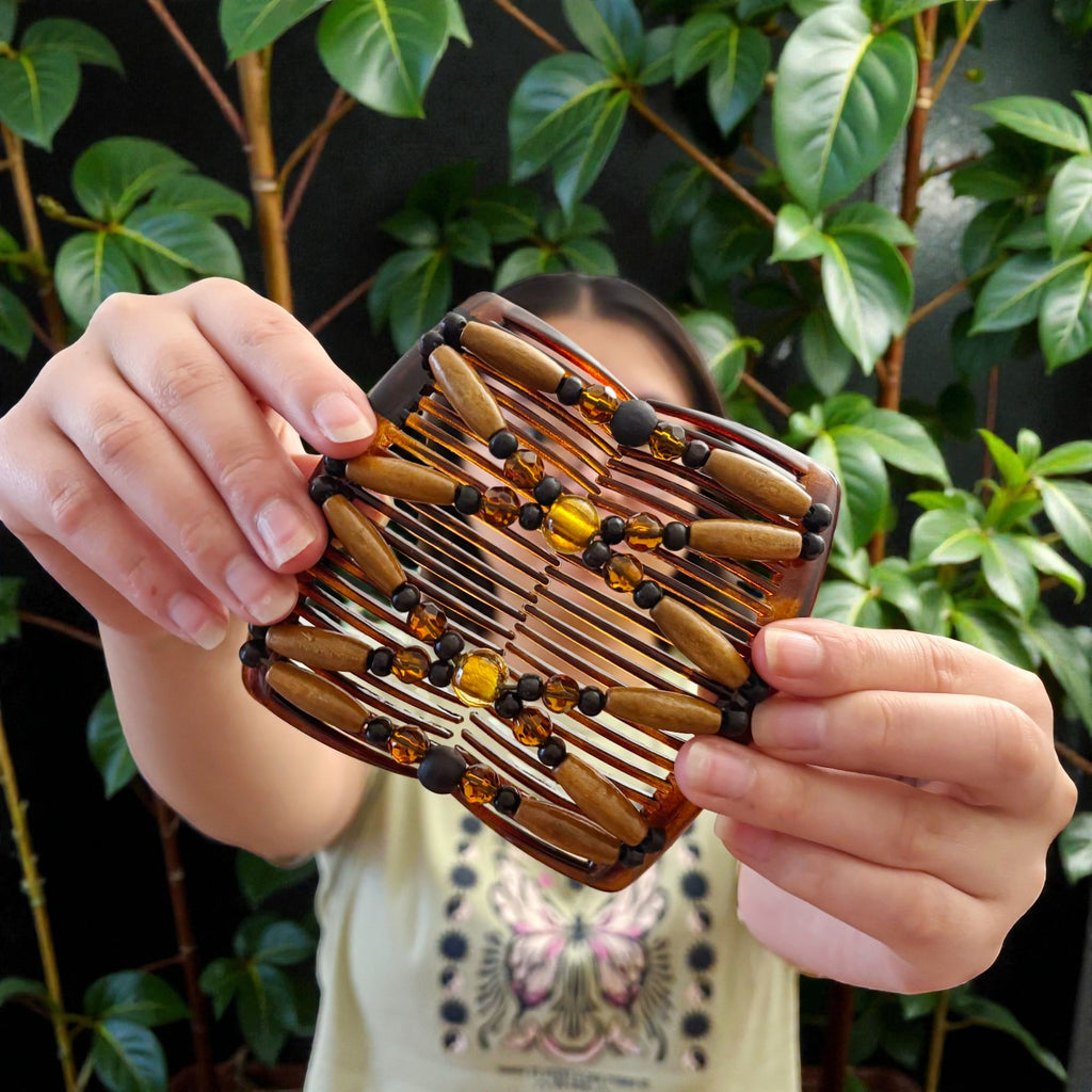 Peigne double cheveux - accessoire chignon en perles de bois marron