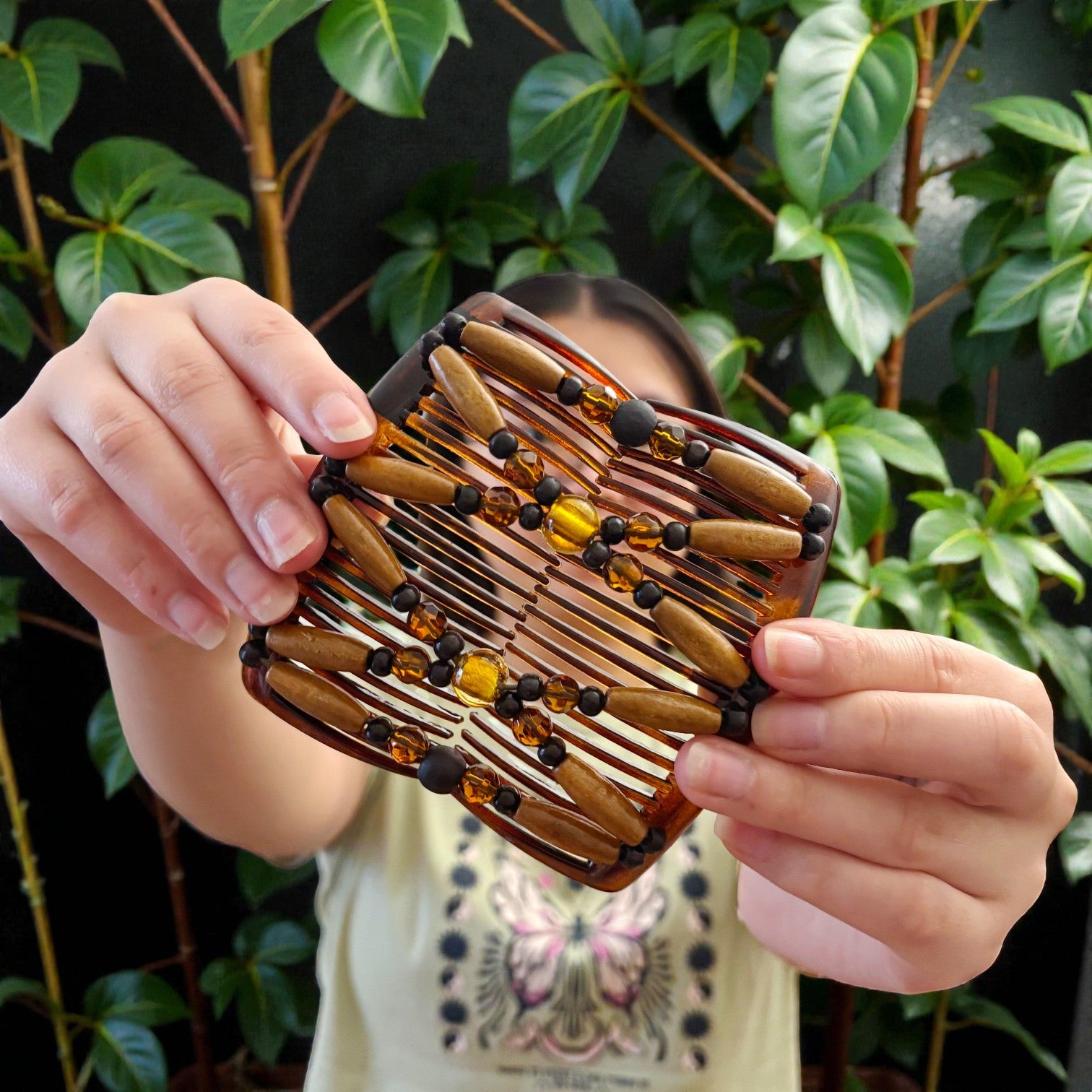 Peigne double cheveux - accessoire chignon en perles de bois marron