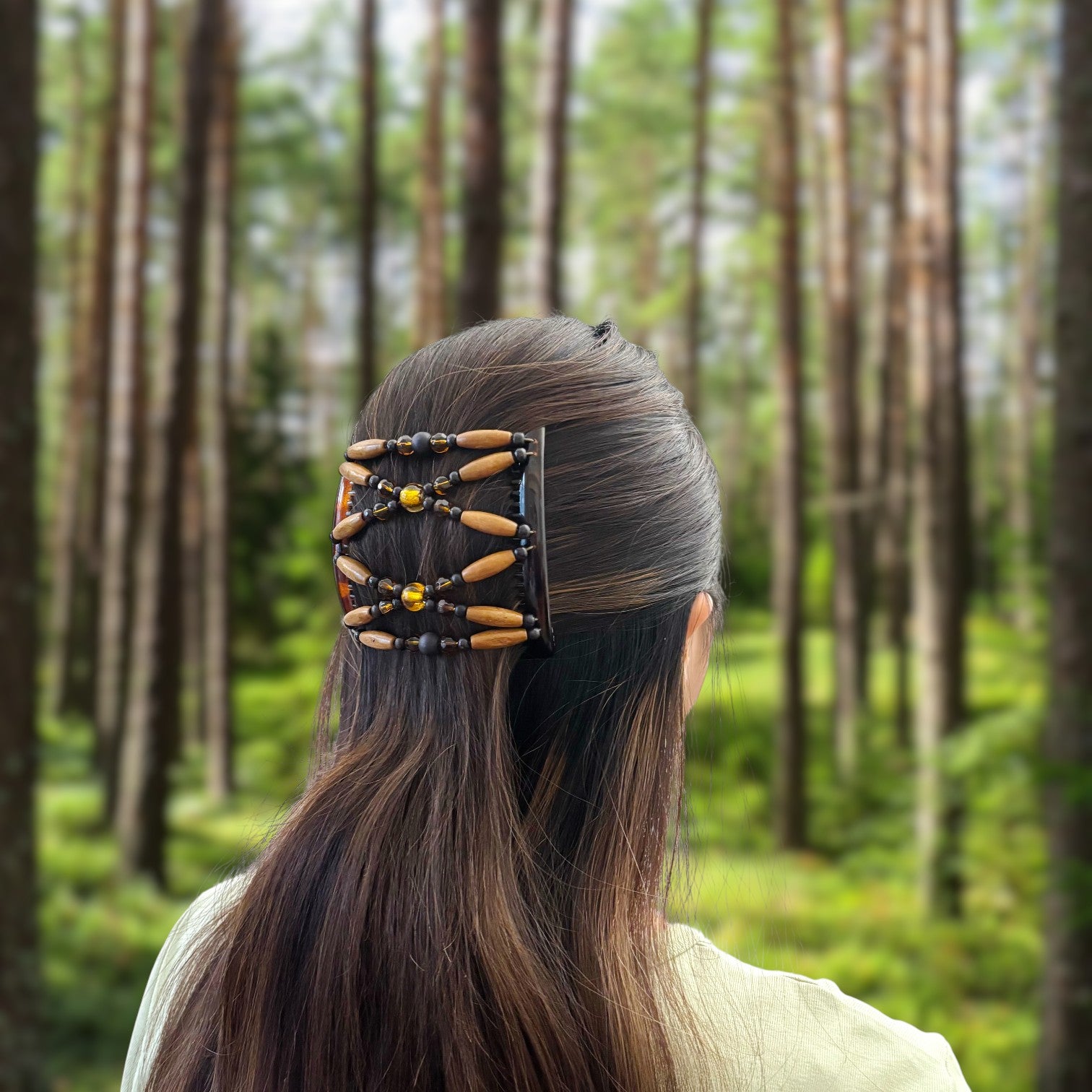 Peigne double cheveux - accessoire chignon en perles de bois marron