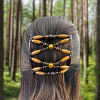 Peigne double cheveux - accessoire chignon en perles de bois marron