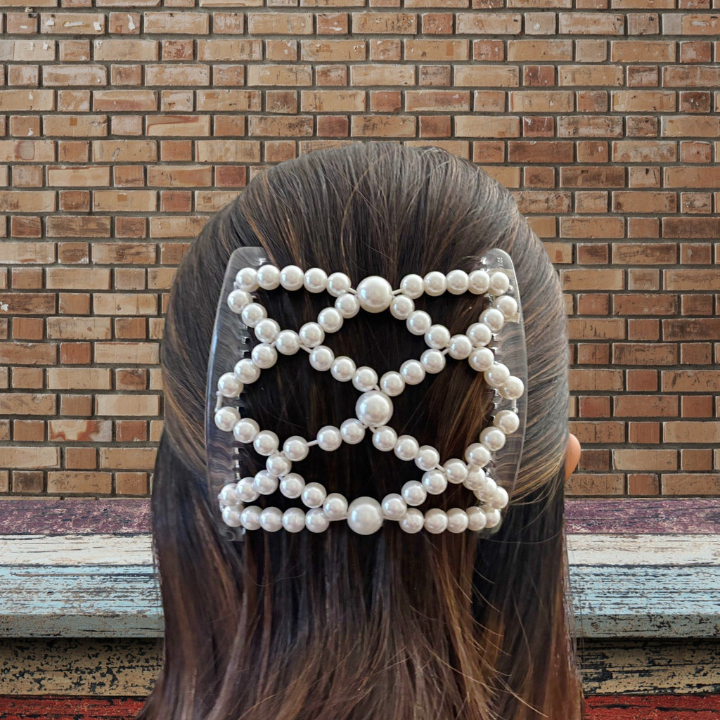 Peigne double cheveux élastique pour chignon – Perles blanches nacrées made in France