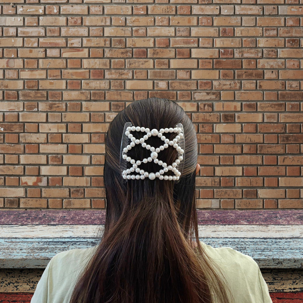 Peigne double cheveux élastique pour chignon – Perles blanches nacrées made in France