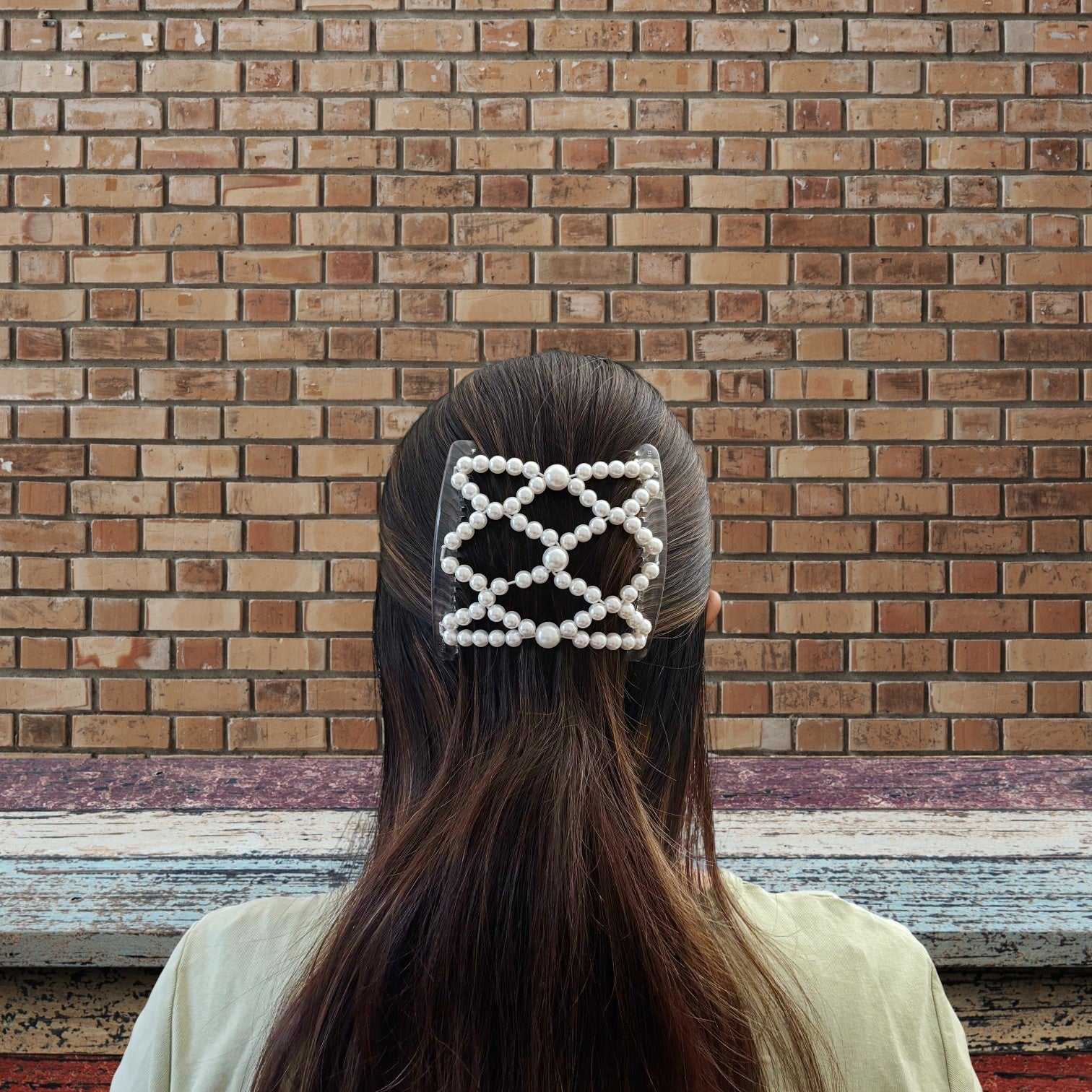 Peigne double cheveux élastique pour chignon – Perles blanches nacrées made in France