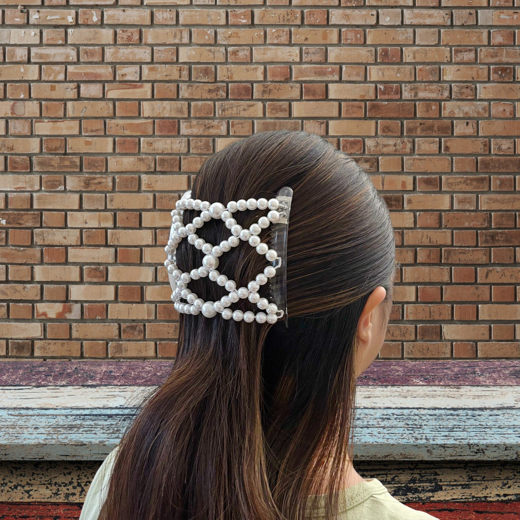 Peigne double cheveux élastique pour chignon – Perles blanches nacrées made in France