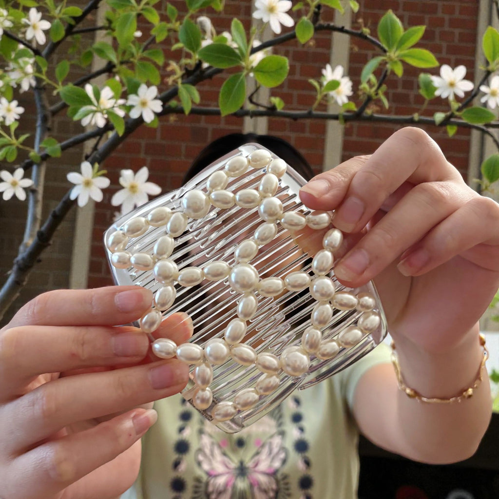Double peigne cheveux élastique pour chignon – Perles nacrées made in France