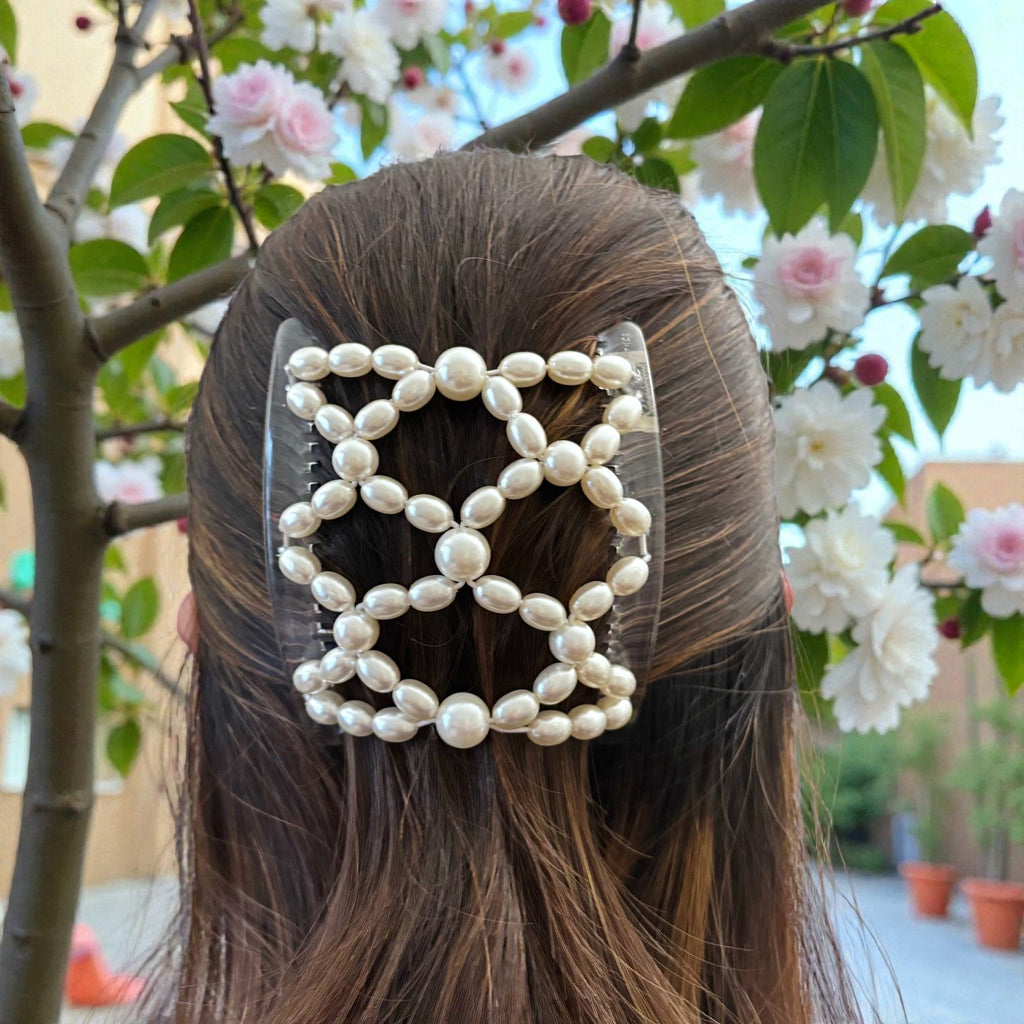 Double peigne cheveux élastique pour chignon perlé  made in France