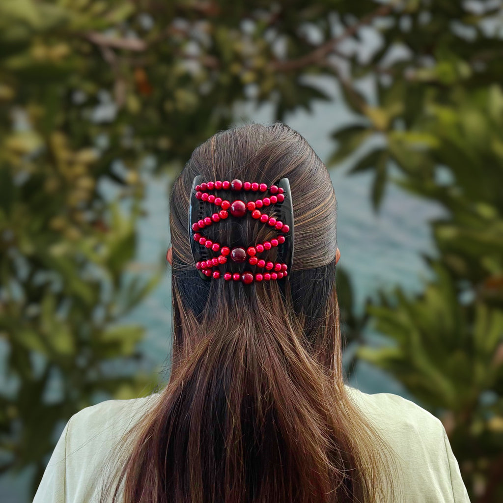 Peigne double cheveux - accessoire chignon en perles rouge